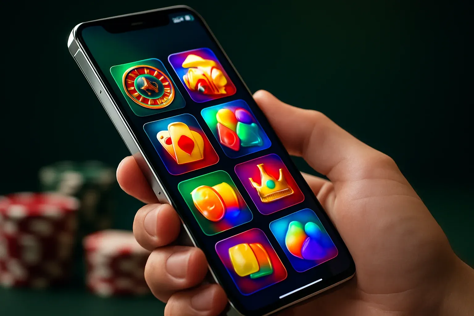 Hyperrealistic flagship Android smartphone showing vivid casino app interface, studio lighting