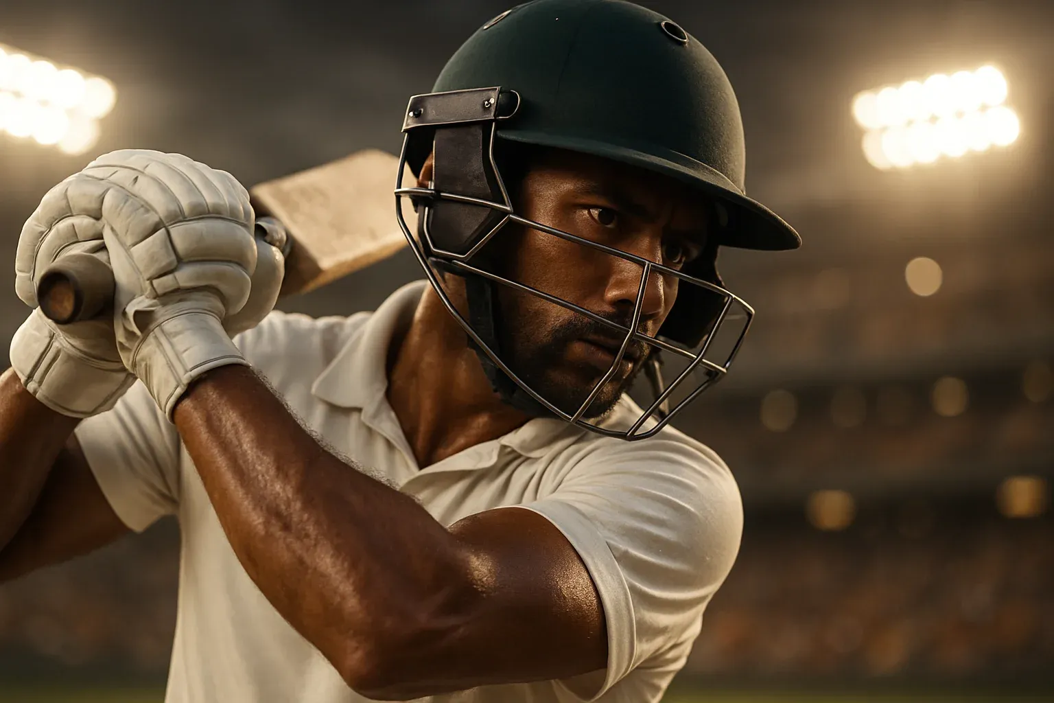 Bangladeshi male cricket batsman mid-swing under stadium floodlights, close-up