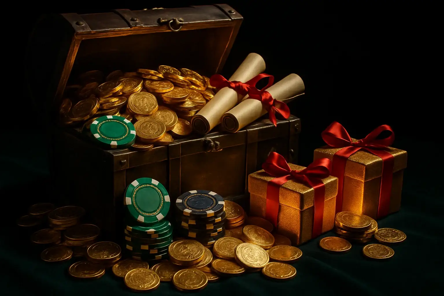 Overflowing treasure chest with gold coins, casino chips, vouchers, and gift boxes