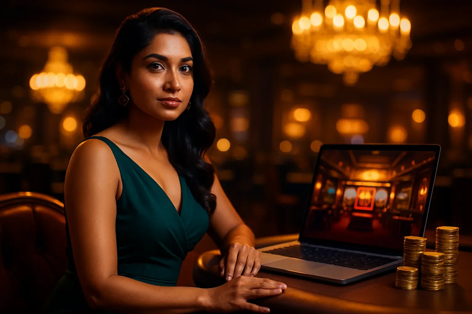 Bangladeshi woman in emerald gown at luxury online casino lounge with laptop