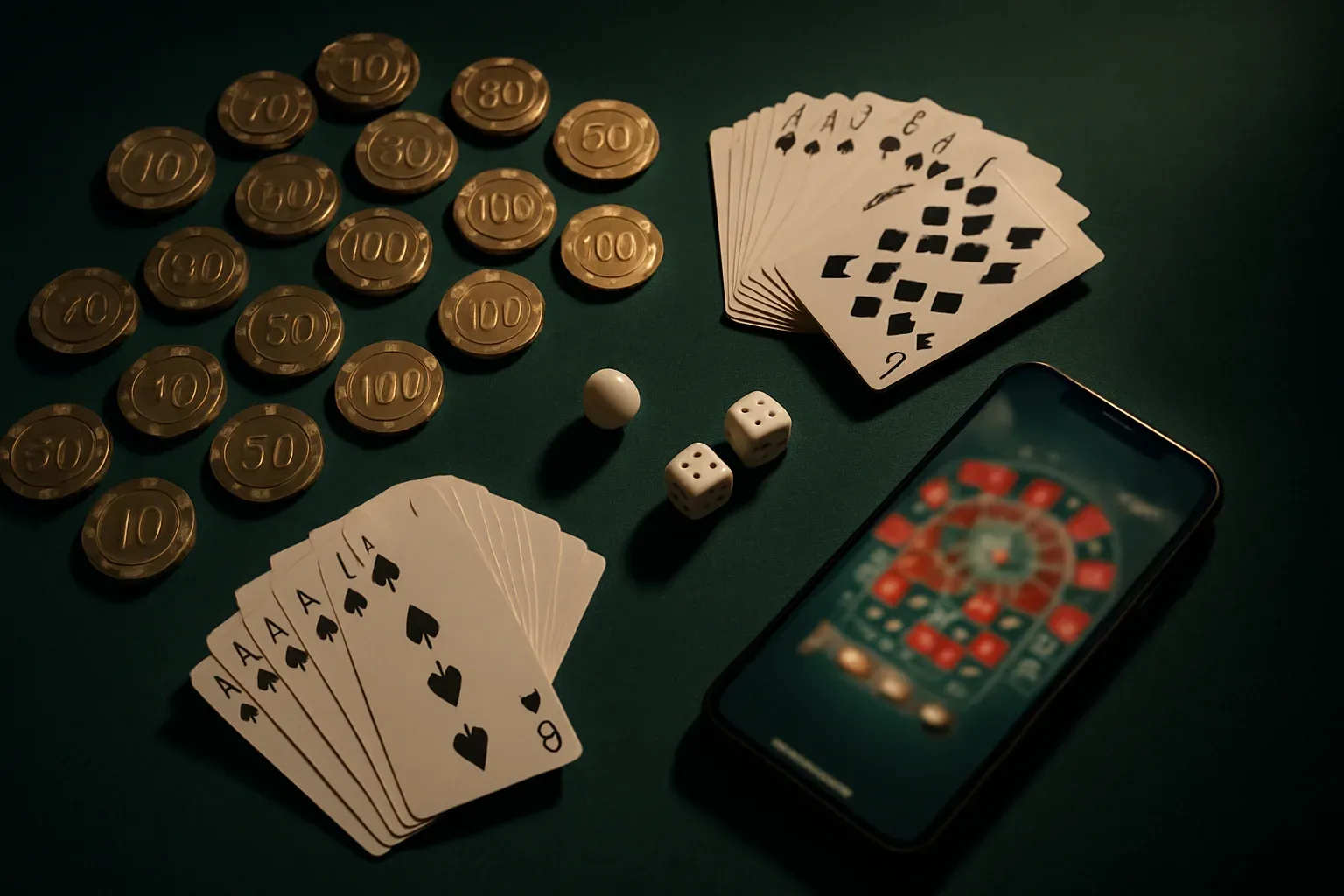 Top-down casino table with gold chips, cards, dice, roulette ball, smartphone