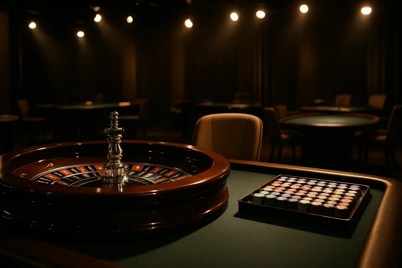 Hyperrealistic wide shot of empty roulette table in premium live casino studio