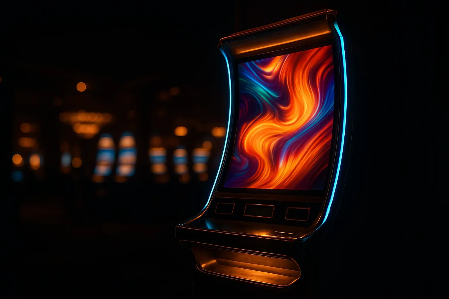 Hyperrealistic wide shot of premium slot machine in dark luxury casino